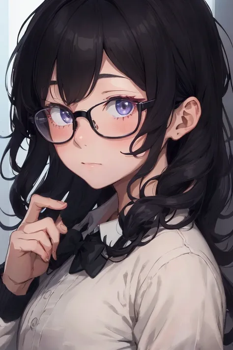 (1 boy), (school boy), male, tie, holding a book, small book in hand, (holding small book), Thick black frame glasses, shy, black messy hair, bluish-grey eye color, wearing glasses, 4k, detailed, anime 4k, (Curly hair), from side, character focus, ((black ...