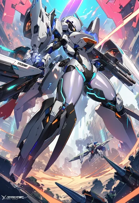 science fiction, android girl(metallic skin, cyber joint), big booster, arm blade, X-wing, missile launcher,