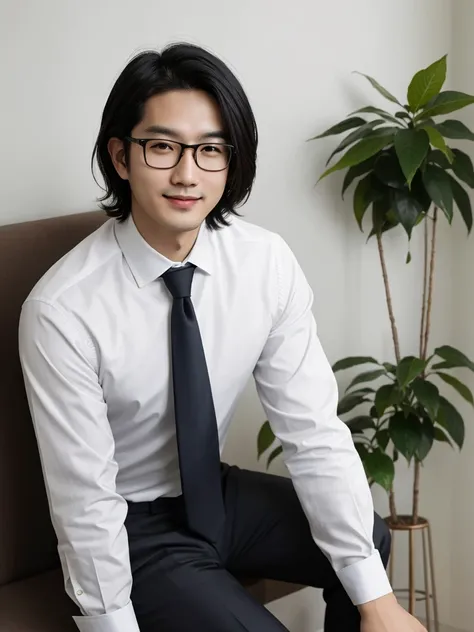 （protrait photo）asian man, 30 years old, project Manager。wear glasses，He is wearing a dark suit, Pair with a white shirt and dark tie。His hair is neat, Face clean and clean, round face，short hair，Eyes reveal wisdom and confidence。He smiles and looks at the...