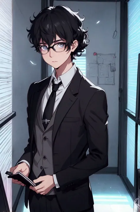 (1 boy), (school boy), male, tie, holding a bool, cute boy, adorable, holding a book, small book in hand, (holding small book), Thick black frame glasses, shy, black messy hair, bluish-grey eye color, wearing glasses, 4k, detailed, anime 4k, (Curly hair), ...