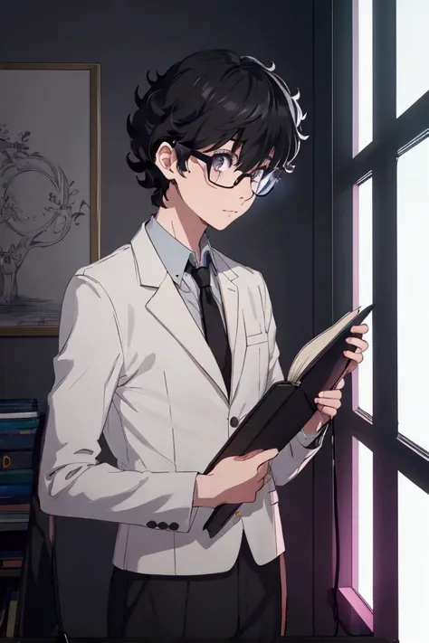 (1 boy), (school boy), male, tie, holding a bool, cute boy, adorable, holding a book, small book in hand, (holding small book), Thick black frame glasses, shy, black messy hair, bluish-grey eye color, wearing glasses, 4k, detailed, anime 4k, (Curly hair), ...