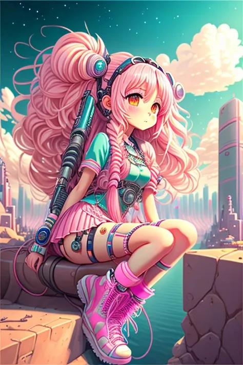 High resolution, Highest quality, masterpiece, Very high quality, Very detailed, Surreal, 3d, anime, An illustration, Fantasy, Hard Rock Girl, So beautiful and cute, Pink wavy hair, Side braid, mini skirt, Knee-high socks, Engineer boot, background cyberpu...