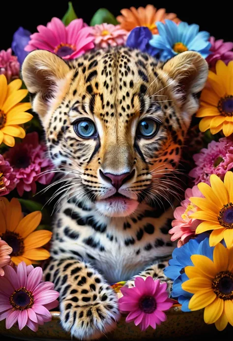 photoillustration of under exposure, a cute baby leopard in a bowl surrounded by multi color flowers, psychedelic, seamless, lig...