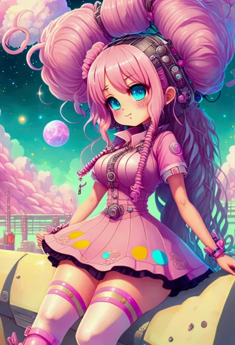 High resolution, Highest quality, masterpiece, Very high quality, Very detailed, Surreal, 3d, anime, An illustration, Fantasy, Hard Rock Girl, So beautiful and cute, Pink wavy hair, Side braid, mini skirt, Knee-high socks, Engineer boot, background cyberpu...