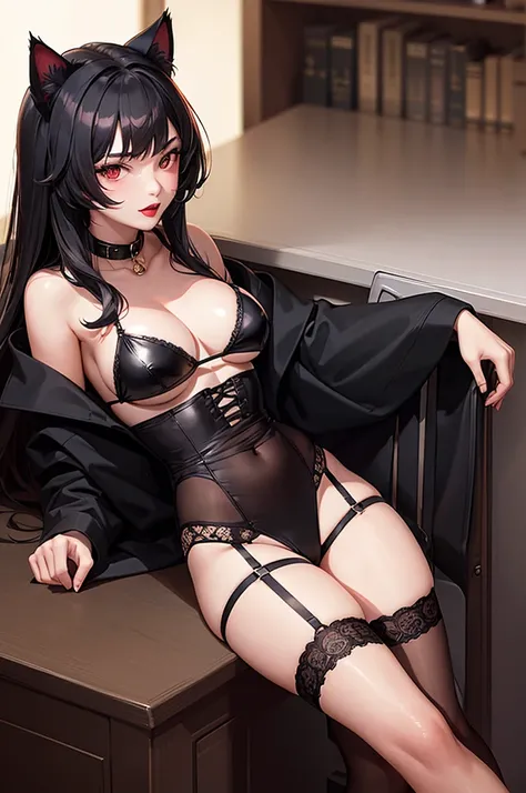 Detailed facial details，16 years old，1 girl，Red lips，Cat ear，Black long hair，Wearing a solid black bikini，Large Breasts，Garter stockings，Slim，Collar，Radiant Skin，sit on the chair，office，bookshelf