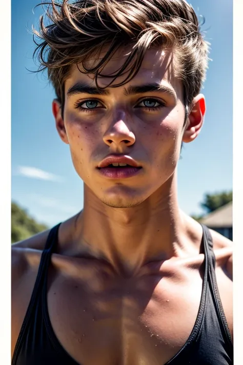 Portrait of a young sportsman in a pool, wearing a tank top, sportsman, slim, beautiful facial features, photography, ultra detailed, real, film grain, beautiful boy, beautiful facial features, symmetrical, film grain, male beauty, short hair, supreme, nat...