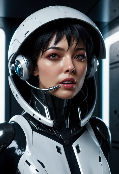 a highly detailed and realistic cyborg humanoid woman, metallic black mouth and teeth, inside a futuristic white spacecraft hallway, cinematic dramatic lighting, hyper realistic, 8k, photorealistic, masterpiece, concept art, (best quality,8k,hyperrealistic...