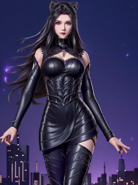 dldlzhuzhuqing, 1girl, solo, black hair, long hair, purple eyes, thigh boots, black dress, looking at viewer, detached sleeves, ...