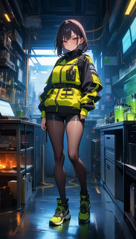 ((best quality)) , ((masterpiece)) , (detailed)，1girl，Police, arrogant expression, in the laboratory, toxic gas permeating,((full body))