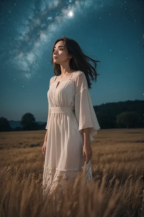 A woman in a field at night