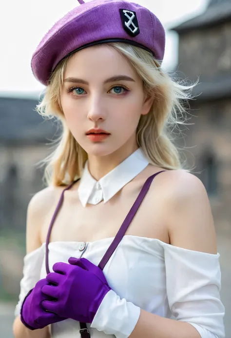 z23,, Textured Skin, 8K, Beautiful and delicate eyes, light, Beautiful and delicate face, Extremely detailed, world masterpiece theater, light,, 1 Girl, Solitary, Blonde Hair, Purple Eyes, Hairpin, White shirt, Berets, Bare shoulders, Gloves, Iron Cross, C...