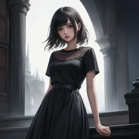 A woman wearing a black short-sleeved dress,、black heir, black eyes, realistic