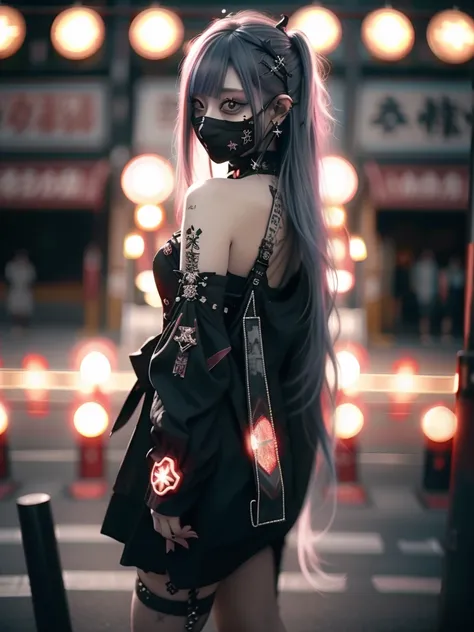 Red-haired、goth_punk, 1girl in, solo, medium shot, Walking in Harajuku, ((during night)), bokeh dof, Neon light, Iridescent eyes, starrysky, Red glowing hair, White eyebrows, Radiant hair, (iridescent white hair), earrings, bangss, jewely, masks, bluntbang...