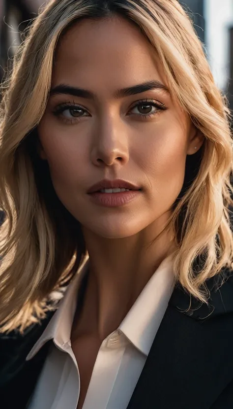 extreme closeup of a stunning, beautiful, elegant, arrogant, safe, blonde, elegant y alta ejecutiva con beautifuls piernas caminando por la calle con medias y tacones altos negros clásicos llamados Sharonah Volmariota, John Wick movie location., inspired b...