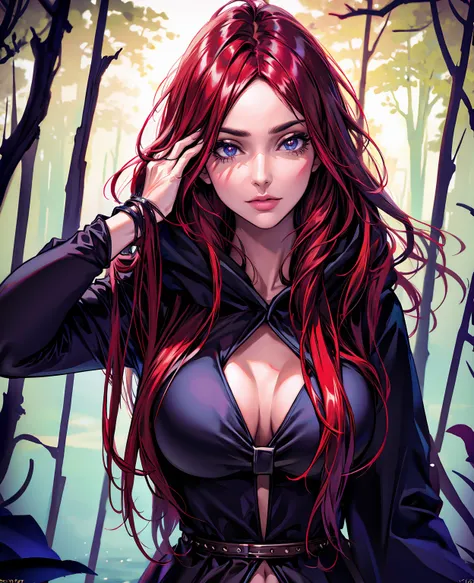 a girl with long red hair, wearing a black hooded cloak, standing by a lake in a forest, (best quality,4k,8k,highres,masterpiece:1.2),ultra-detailed,(realistic,photorealistic,photo-realistic:1.37),beautiful detailed eyes,beautiful detailed lips,extremely d...