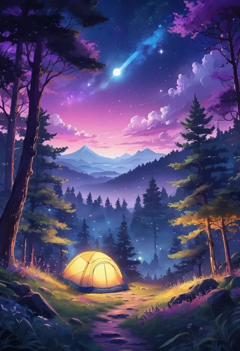 Anime-style, dreamy forest at night illustrated with intricate details and vibrant colors. starry sky with clouds, adding to the cozy and inviting atmosphere. Soft lighting casts a warm and beautiful glow over the dreamy scene, making it an ideal place to ...