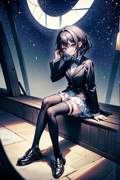 ((best quality)), ((masterpiece)), (detailed),，1 Girl,Black hair，Loli，Black eyes，Tuxedo，leather shoes，magic，Black knee socks、indifferent，Tarot，The Void，Starry Sky