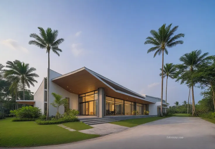 headquarter of local caft resort , coconut trees, greenery landscape, along the white beach, clear sky, sunrise time, warm light...