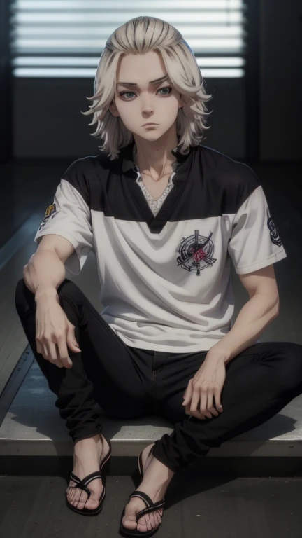 A male character in the anime series "Tokyo Ravenger" named Mikey has white eyes, black pupils, with long, gray hair that reaches his shoulders, wearing his trademark black jeans shirt, wavy sailor pants, flip-flops, sitting at school.