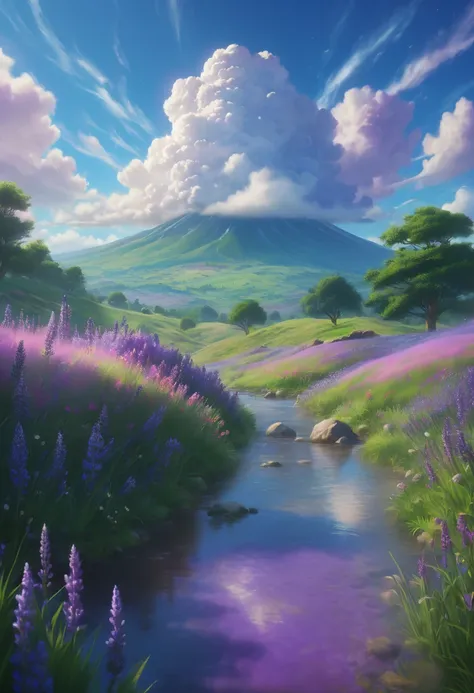 "Huge cumulonimbus clouds stand majestically against the blue sky, Purple lavender，Spring flowers cover the lush grassland，form a tapestry. The scenery exudes the breathtaking beauty of nature, bathed in cinematic light. HD rendering with Octane Render, Sc...