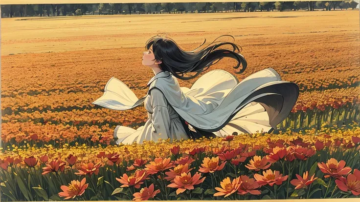 Flower field swaying in the wind,Emotional,Warm tones,Petals flutter in the wind,