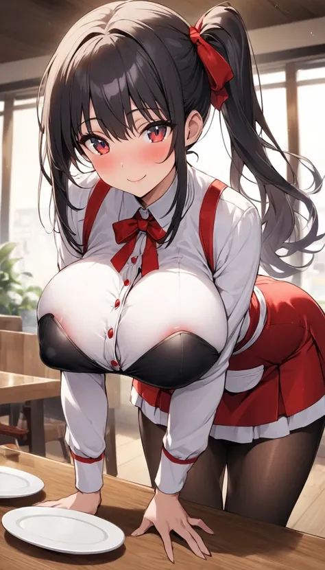 One Woman、beautiful girl、waitress、20-year-old、Side Ponytail、restaurant、waitressの制服、Short skirt、Black Pantyhose、Highest quality, smile,Big Breasts、Very big boobs、Put your on the table、 sinking into the table、Put your boobs on the table、Bust up angle、Place b...