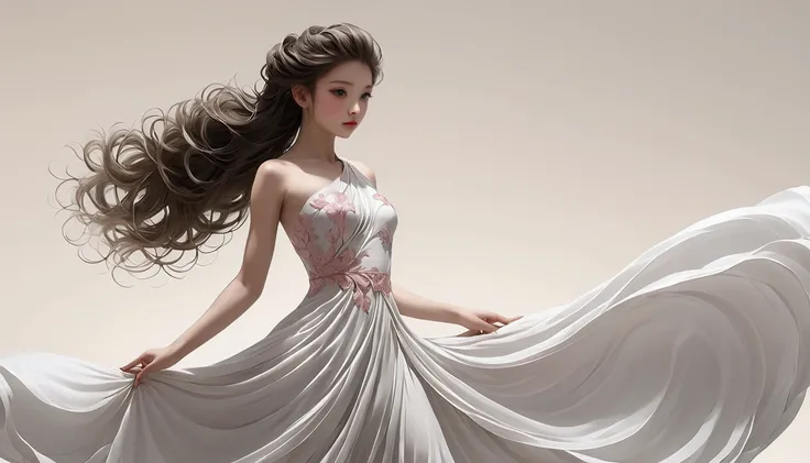 Dance photography；A dancer，Solitary；A little girl in a gorgeous long dress，Princess dress，Chinese style skirt，pink，Conservative style，Smudged skirt hem；The movements of the dance；elegant，Flexible skirt；Long hair shawl。Full body view，front； Simple style；Min...