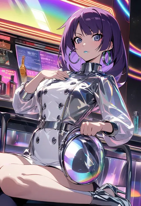 1girl, Senjougahara Hitagi, monogatari (series), masterpiece, best quality, absurdres, neon and chrome lighting, retro-futurism, 1960s-inspired space age fashion, confident retro-future pose, sci-fi diner setting, purple hair clothing:

Metallic silver min...