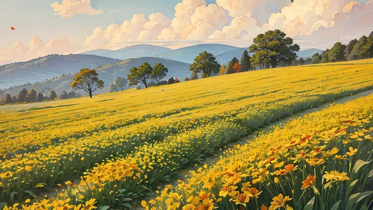 Flower field swaying in the wind,Emotional,Warm tones,Petals flutter in the wind,