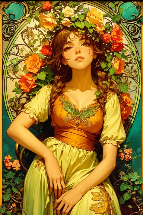 A lush garden, intricate floral patterns, detailed petals, vibrant colors, ornate art nouveau style, Alfons Mucha inspired, beautiful woman surrounded by flowers, elegant flowing dress, ornamental leaves and vines, warm lighting, detailed facial features, ...