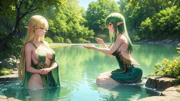 Beautiful elven women bathing and frolicking in a lake surrounded by greenery、Close-up