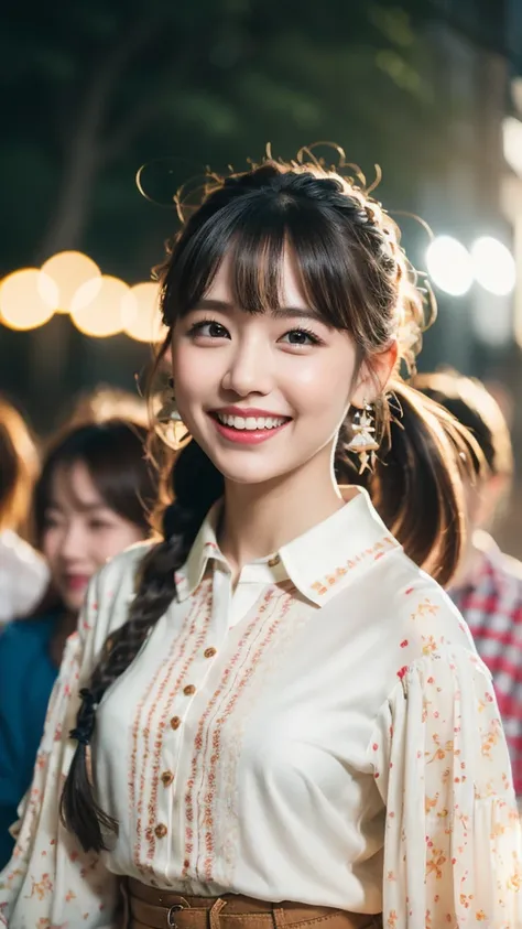 Highest quality, Realistic, 1peopleの女の子, woman,(Skin Dentition), Mid-chest, (bright), (Professional Lighting, Bokeh), (street), people々, crowd, Braided bangs, (blouse:1.5), (Portrait:0.8), nice, bloom, Floating Hair, (Dynamic pose:0.6) , Soft lighting, 