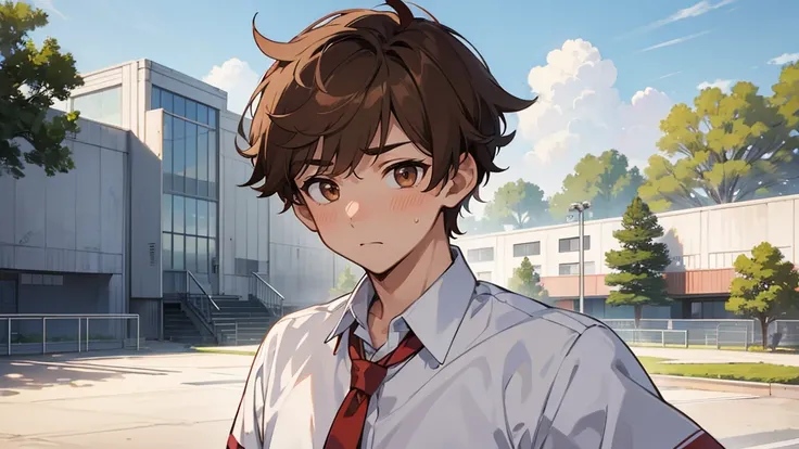 The background is the back of a deserted gymnasium on a summer evening.、Upper body shot of one handsome high school boy、The high school boy has light brown hair, red cheeks, and is looking at me with a very embarrassed expression.、He is wearing his summer ...