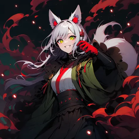 (well done: 1) woman, long straight white hair, white fox ears, white fox tail, green left eye, red right eye, white kimono with black and red details.