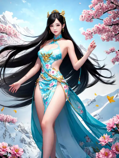 Top quality, masterpiece, high resolution, Chinese,，，，mountain peak，,The Peak,,,,,,Rooftop,,,,,,,naked,，stand erect，,1girl, charming appearance and personality, big body, extremely sexy, ，，，，Floral print ，， ，Floral print，， Light yellow floral fragments，，(t...