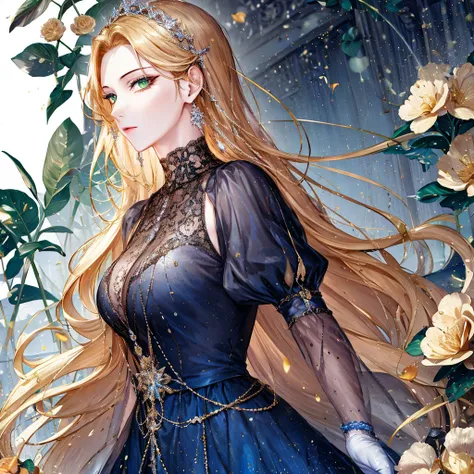 shoujo-style, (floral background, romance manhwa), 1girl, blonde hair, solo, long hair, flower, dress, tiara, white dress, gloves, long sleeves, choker, green eyes, mascara, makeup, white gloves, black bow, black flower, wavy hair, bow, bra, jewelry, looki...