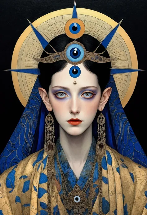 The art of math，Digital Illustration，Drawing，Decorative paintings，(((Harry Clark (Harry Clarke) style,圣地亚哥·卡鲁索style)))，Simple，clean，Fine painting style，(((The third eye on the forehead。short hair，Pointed ears，robe)))，Wide Angle，Black and blue，Solid color b...