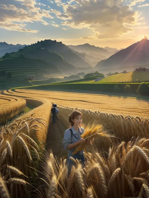 masterpiece, best quality, (Very detailed CG unified 8K wallpaper) (best quality), (Best illustration), (The best shades) Nature harvests wheat, Super detailed , People working in the fields--v6