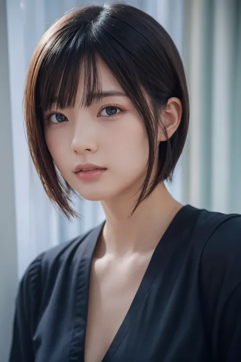 , Long winded [Blue-black:.3] hair,View your viewers, (masterpiece:1.3), (8k, Realistic, RAW Photos, Highest quality: 1.4), Japanese, (One girl), Beautiful Face, (Realistic Face), (black hair, short hair:1.3), beautiful hairstyle, Realistic eyes, Beautiful...