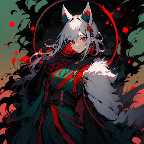 (well done: 1) woman, long straight white hair, white fox ears, white fox tail, green left eye, red right eye, white kimono with black and red details.