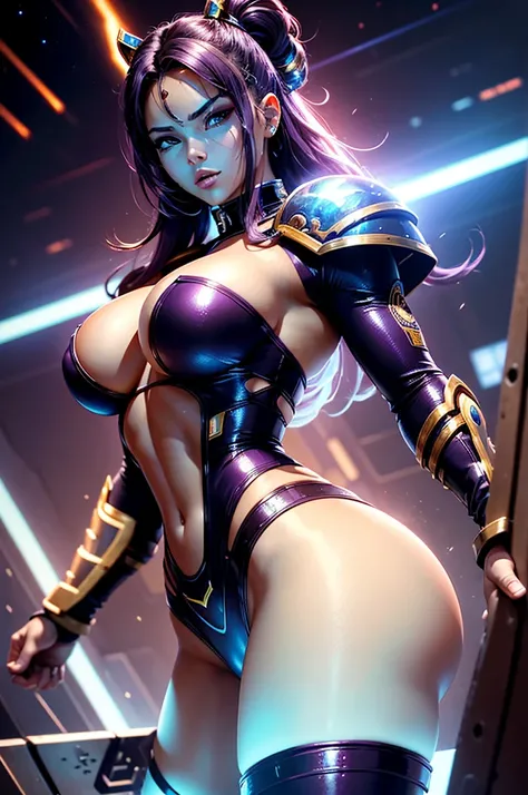 A perfect and beautiful, exuberant and very young cybernetic android warrior with black African and oriental features, Japanese and Chinese, mixed with the clone of the Greek warrior goddess Athena, with huge super ultra mega giant breasts, Brunetette, ver...