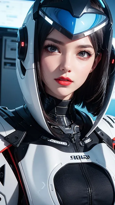 close-up of woman wearing futuristic hat and red lipstick., cyberpunk jackie wells, cg society 9, style = retro of the future, b...