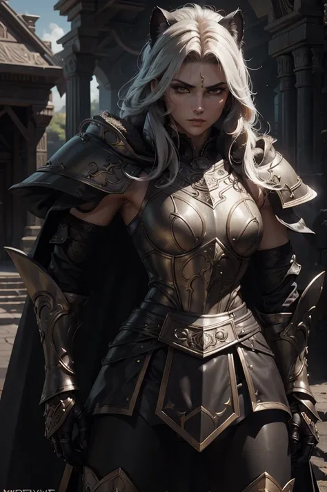 (real photography), (8k), (masterpiece: 1.2), (best quality: 1.2), perfect eyes, perfect face, volumetric light, 1girl, tall and mature Persian female warrior, muscular, long hair, bouffant Puff cut, black heavy armor, huge shoulder armor, gauntlets, cape,...