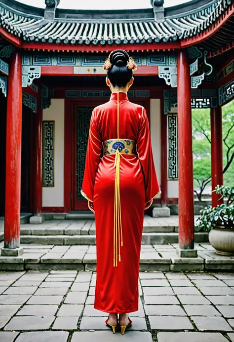 A full-body figure from the back that resembles Chinese actress Zhou Xun. The background is the stone paving outside a Chinese palace during the Qing dynasty. An empress from the Chinese palace during the Qing dynasty is standing in a red Hanfu, exposing o...