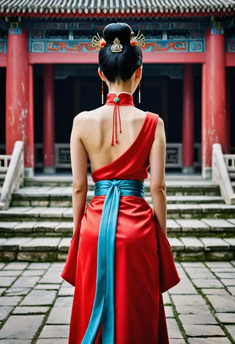 A full-body figure from the back that resembles Chinese actress Zhou Xun. The background is the stone paving outside a Chinese palace during the Qing dynasty. An empress from the Chinese palace during the Qing dynasty is standing in a red Hanfu, exposing o...