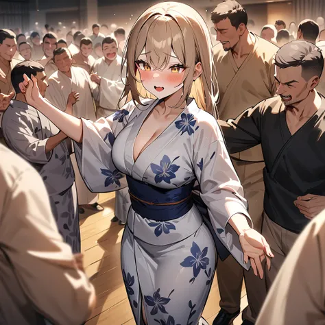 masterpiece,High resolution,Many men and women are dancing in a single circle、Men and women in yukata、Light brown hair,Fox Eyes,Fox&#39;s Tail,Fox Ears,smile,Wedding dress,Dancing,,,moonlight,Fine weather,Night Sky