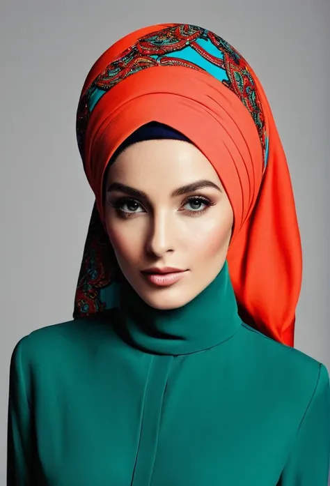 A woman wearing a hair covering on her head. Modern womens fashion. Islamic inspiration. Bold bright colours 