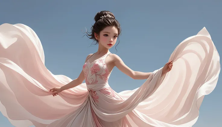 Dance photography；A dancer，Solitary；A little girl in a gorgeous long dress，Princess dress，Chinese style skirt，pink，Conservative style，Smudged skirt hem；The movements of the dance；elegant，Flexible skirt；Long hair shawl。Full body view，front； Simple style；Min...