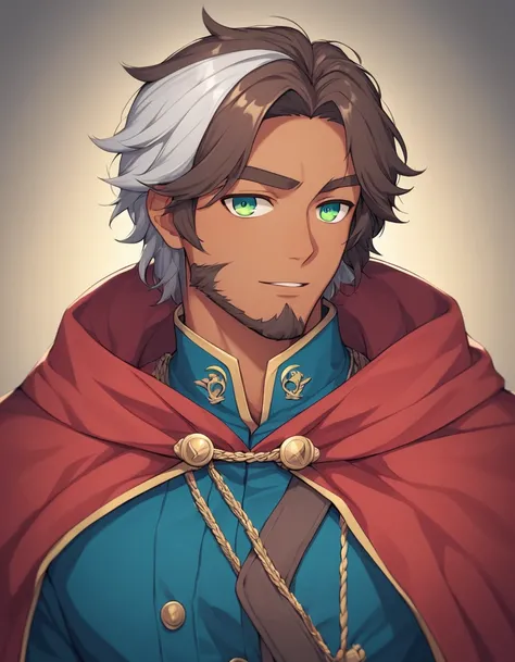 1man, derpixon, fandeltales, parted bangs, short gray hair, silver colored tips two-tone hair, multicolored dark brown hair, solo, middle-thick eyebrow, masculine handsome prince, beard, green eyes, black pupils, lens eye, tanned skin, red cloak, dark-blue...