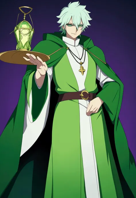 Anime-style image of a man wearing a green cape and green cloak, Kashmir Art, Beautiful androgynous prince, Handsome men from Demon Slayer, picture of a male cleric, Official character illustration, A delicate androgynous prince, Inspired by Chris from Del...